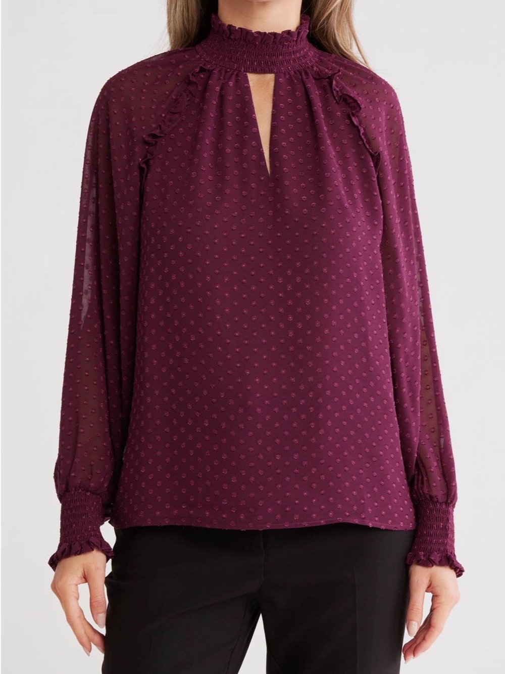 Gemma + Jane High-Neck Plum Swiss Dot Blouse